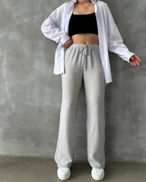 Kadın Beli Lastikli Bol Kesim Bürümcük Palazzo Pantolon Gri - CRESSİVA