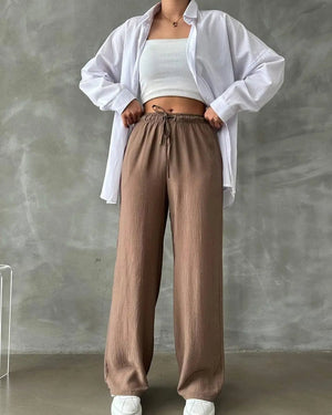 Kadın Beli Lastikli Bol Kesim Bürümcük Palazzo Pantolon Kahve - CRESSİVA
