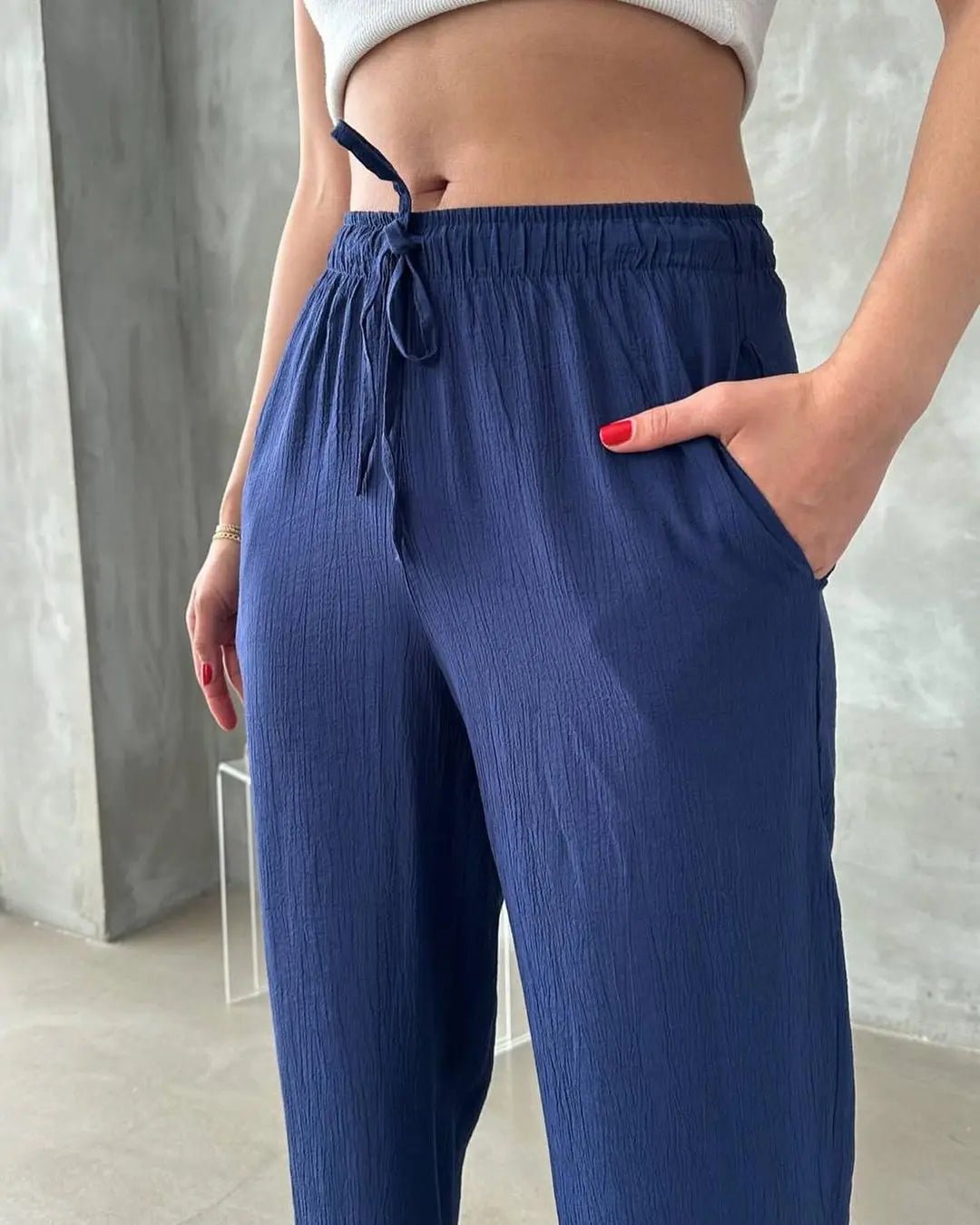 Kadın Beli Lastikli Bol Kesim Bürümcük Palazzo Pantolon Lacivert - CRESSİVA