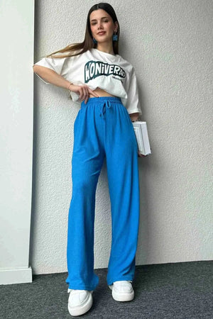 Kadın Beli Lastikli Bol Kesim Bürümcük Palazzo Pantolon Mavi - CRESSİVA