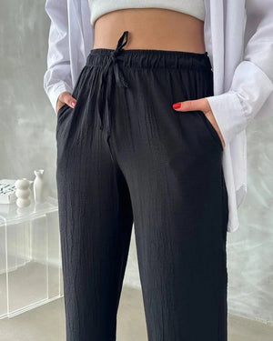 Kadın Beli Lastikli Bol Kesim Bürümcük Palazzo Pantolon Siyah - CRESSİVA