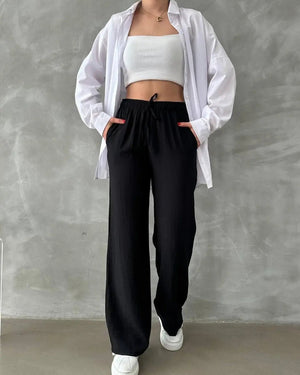 Kadın Beli Lastikli Bol Kesim Bürümcük Palazzo Pantolon Siyah - CRESSİVA