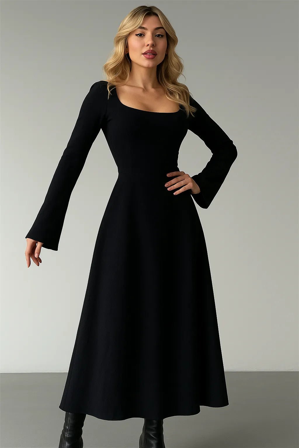 KARE YAKA İSPANYOL KOL UZUN ELBİSE SİYAH - CRESSİVA