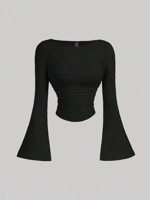 KAYIK YAKA İSPANYOL KOL BÜZGÜLÜ BLUZ SİYAH - CRESSİVA