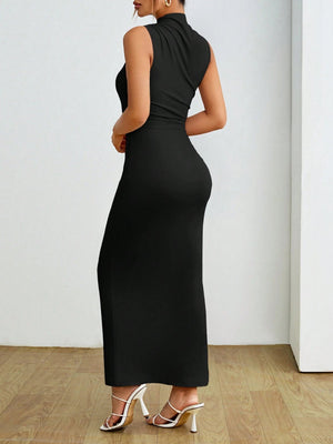 KOLSZ BALIKÇI YAKA BÜZGÜLÜ ELBİSE SİYAH - CRESSİVA