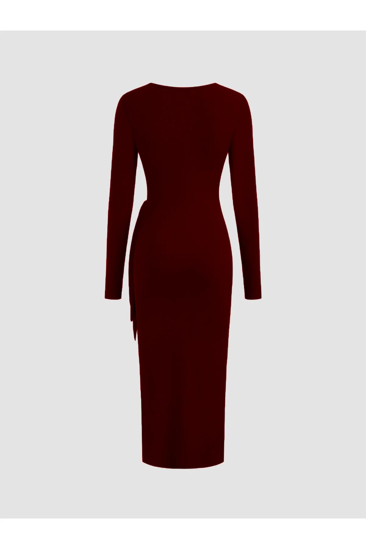 Bordo uzun kollu bağlamalı elbise, zarif ve modern görünüm.