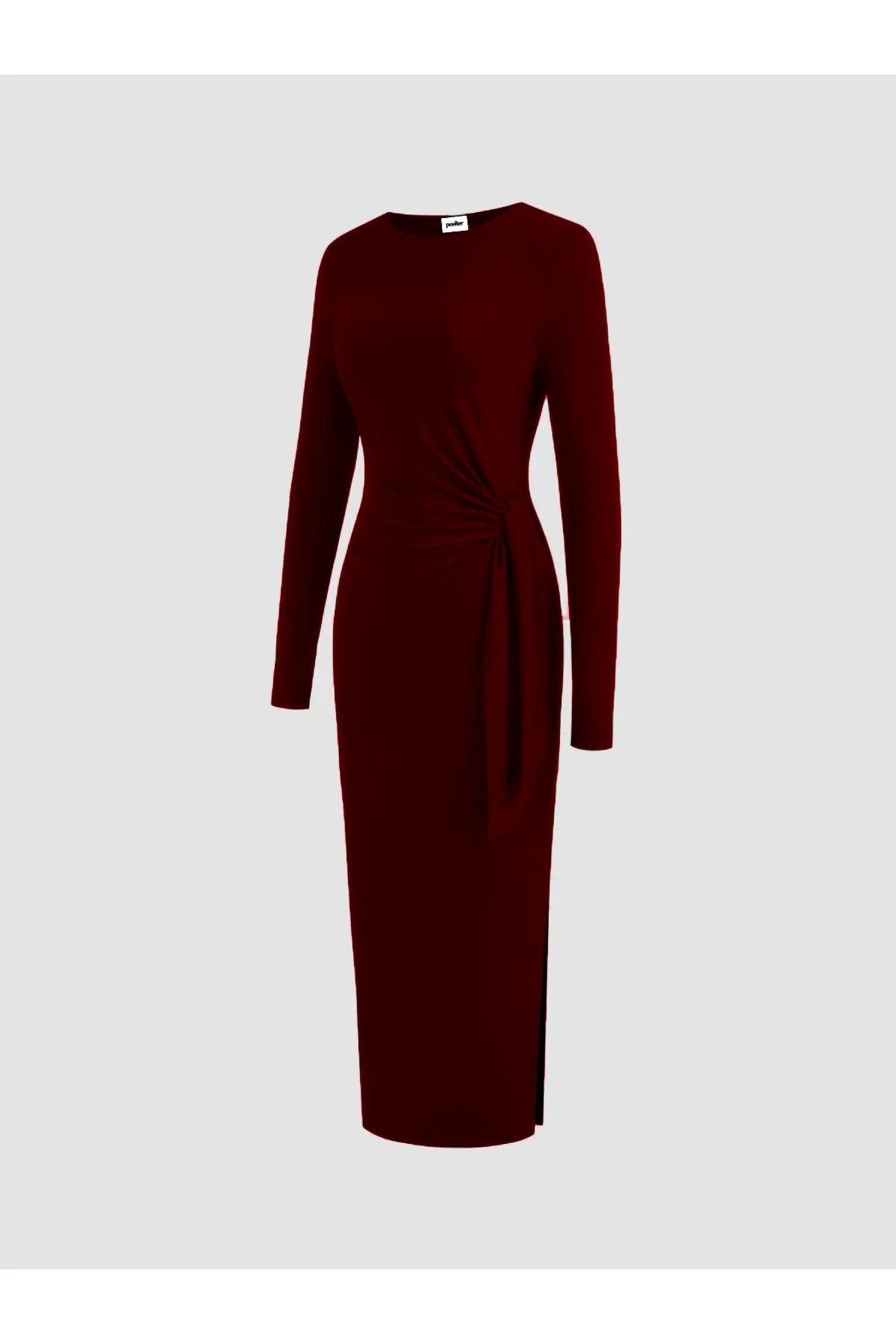 Bağlamalı bordo elbise, uzun kollu modern kesim, zarif duruş.
