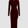 Bağlamalı bordo elbise, uzun kollu zarif tasarım, şık görünüm.