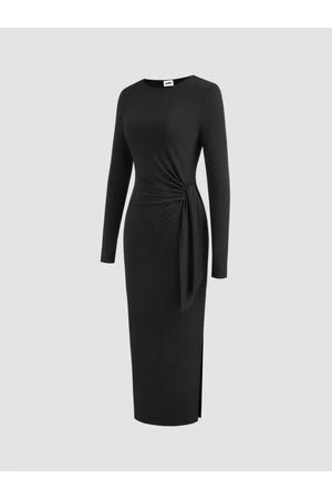 Siyah uzun kollu bağlamalı elbise zarif modern görünüm