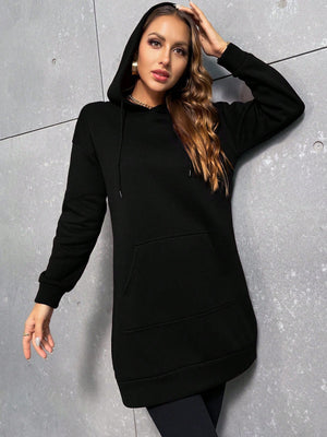 Uzun kollu siyah kapüşonlu sweatshirt elbise