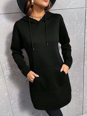 Siyah kapüşonlu uzun sweatshirt elbise