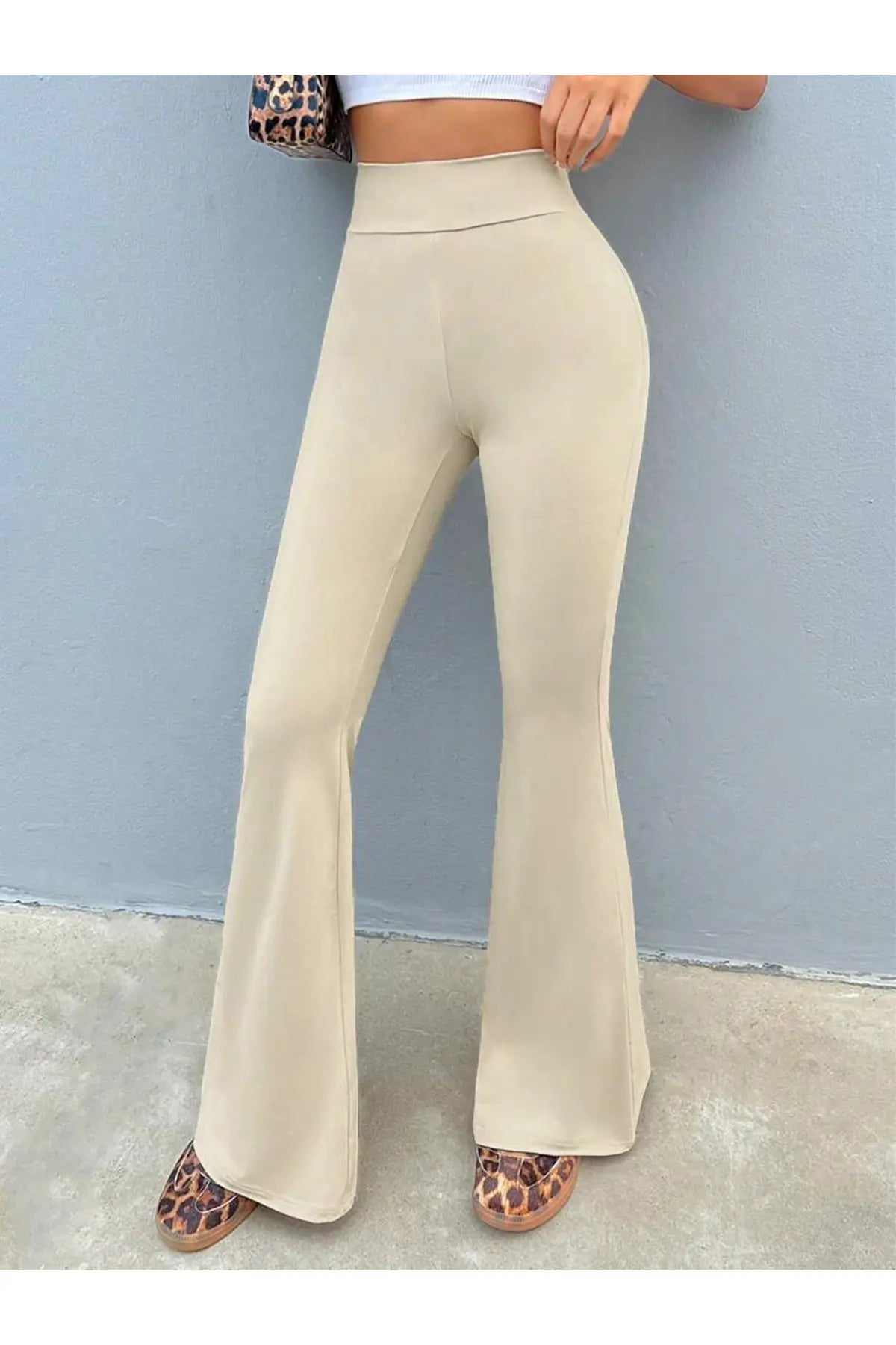 Comfortlux Yüksek Bel Ispanyol Paça Beli Lastikli Flare Tayt Pantolon Bej - CRESSİVA