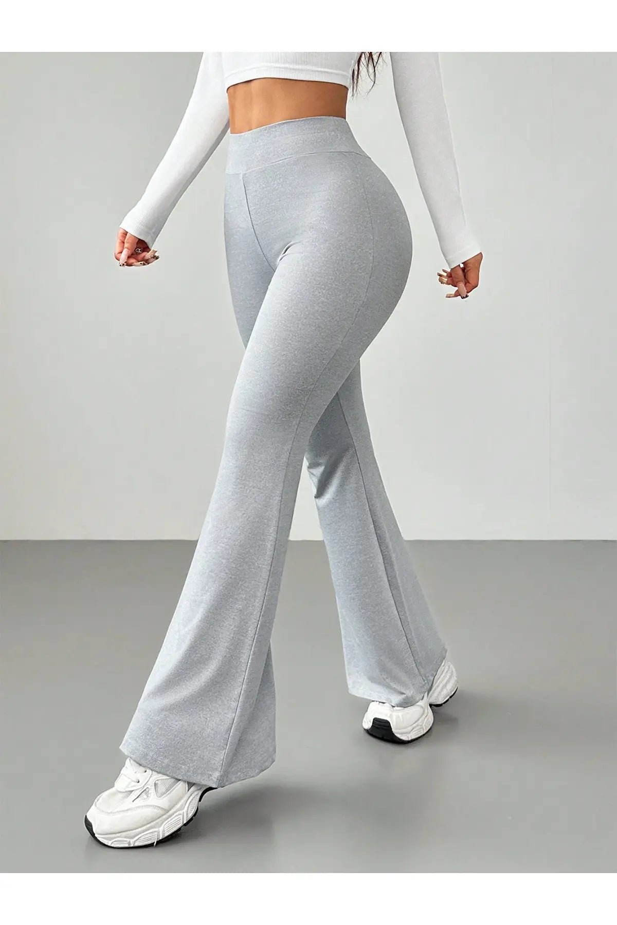 Comfortlux Yüksek Bel Ispanyol Paça Beli Lastikli Flare Tayt Pantolon Gri - CRESSİVA