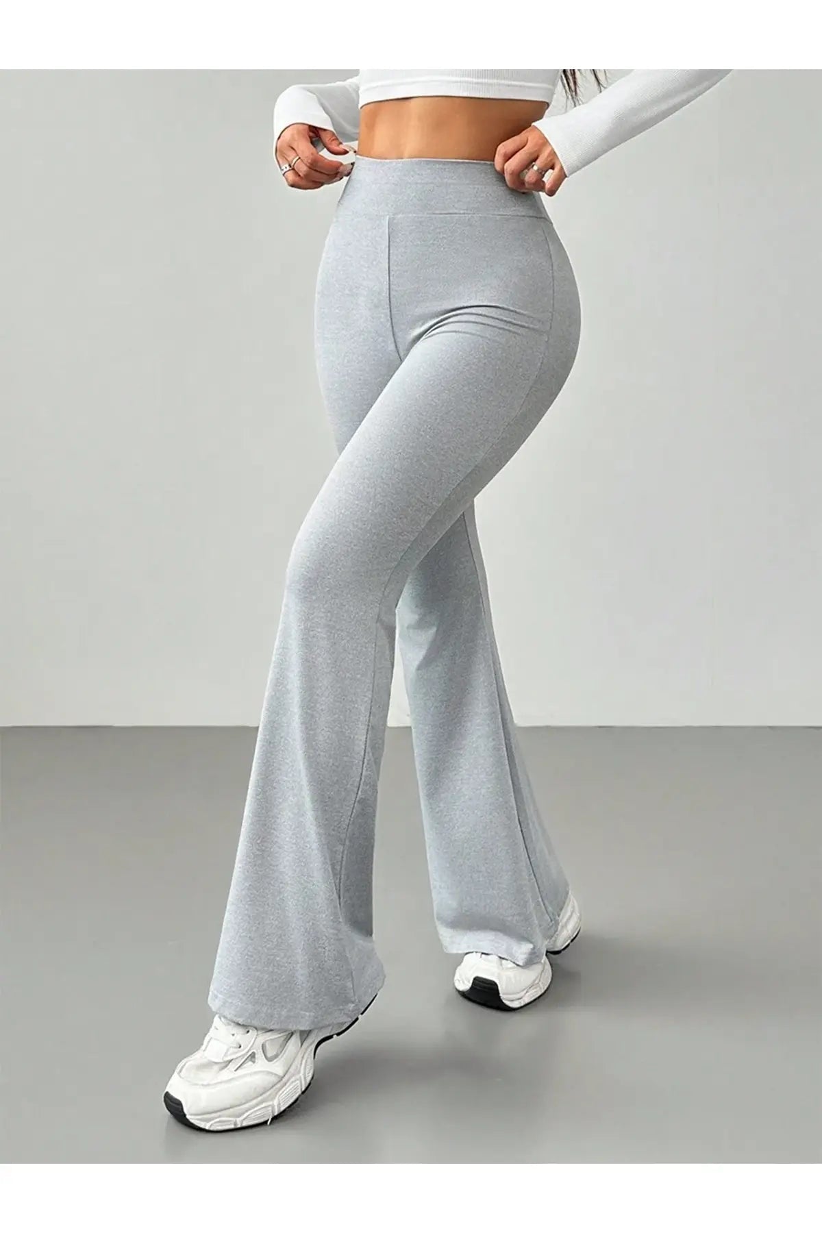 Comfortlux Yüksek Bel Ispanyol Paça Beli Lastikli Flare Tayt Pantolon Gri - CRESSİVA