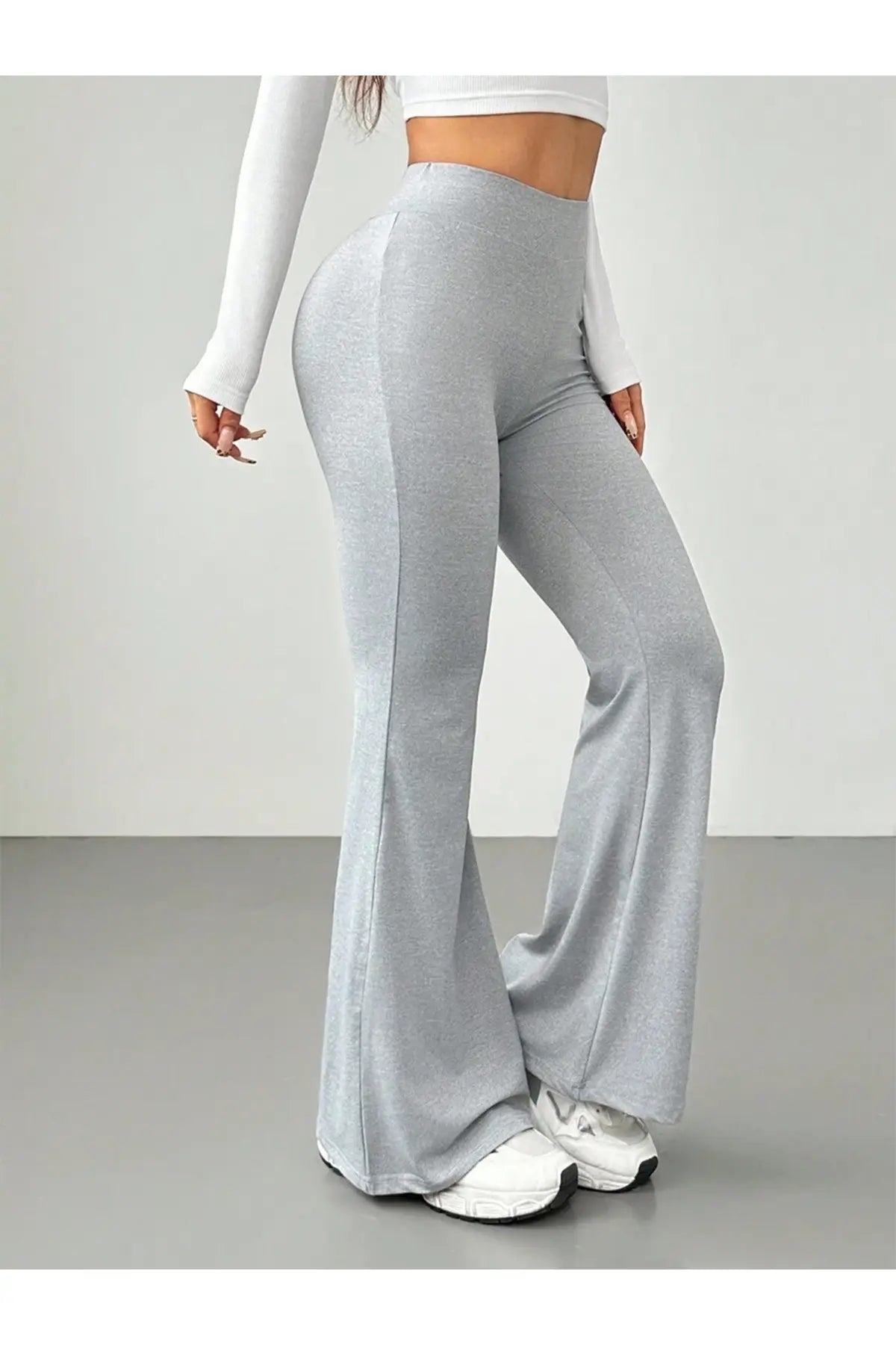 Comfortlux Yüksek Bel Ispanyol Paça Beli Lastikli Flare Tayt Pantolon Gri - CRESSİVA