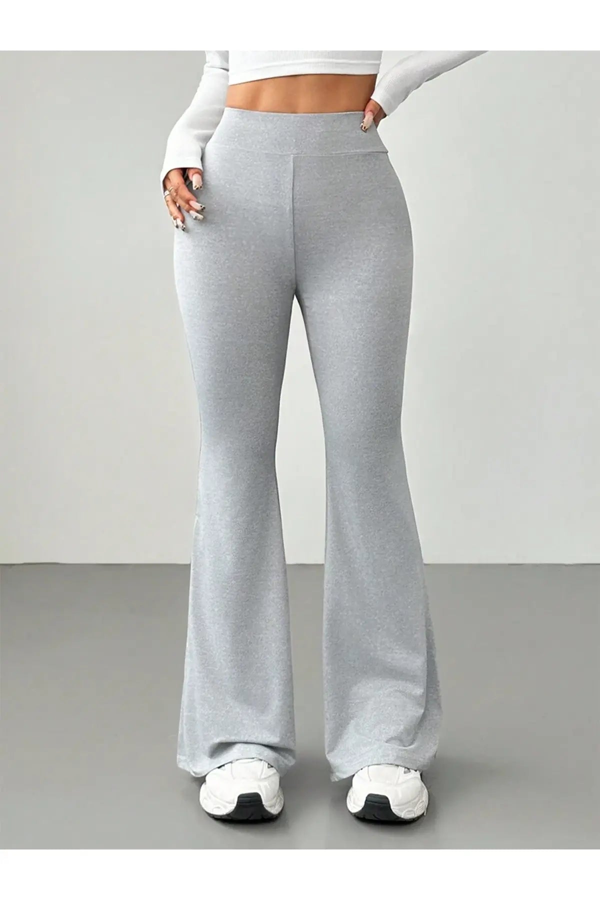 Comfortlux Yüksek Bel Ispanyol Paça Beli Lastikli Flare Tayt Pantolon Gri - CRESSİVA