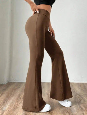 Comfortlux Yüksek Bel Ispanyol Paça Beli Lastikli Flare Tayt Pantolon Kahve - CRESSİVA