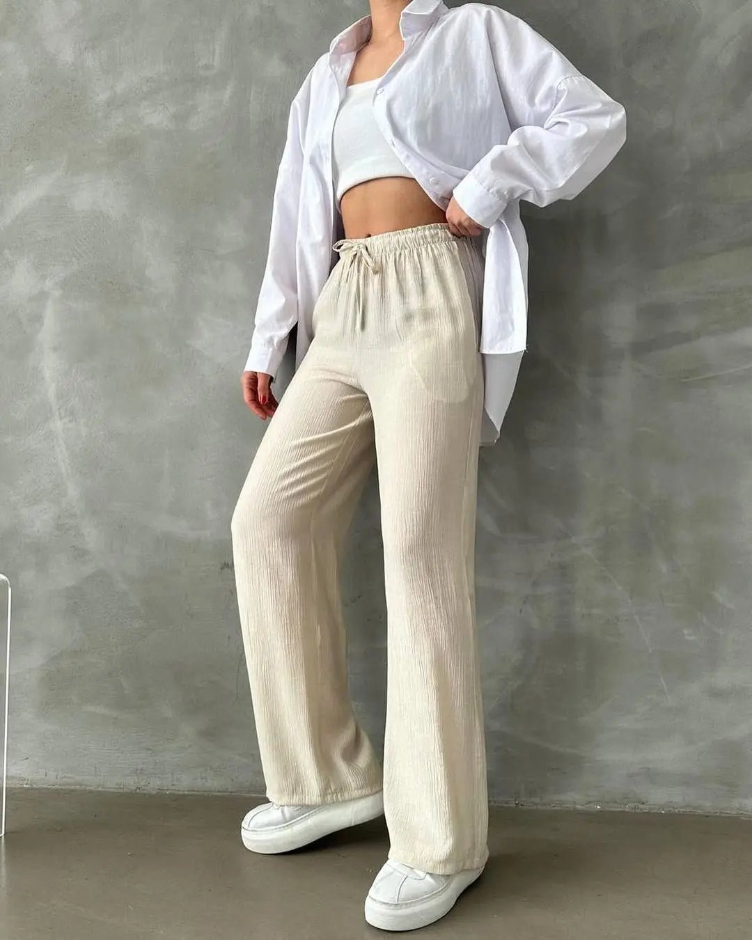 Kadın Beli Lastikli Bol Kesim Bürümcük Palazzo Pantolon Bej - CRESSİVA