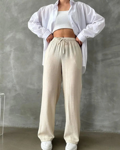 Kadın Beli Lastikli Bol Kesim Bürümcük Palazzo Pantolon Bej - CRESSİVA