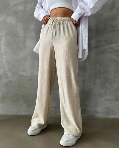 Kadın Beli Lastikli Bol Kesim Bürümcük Palazzo Pantolon Bej - CRESSİVA