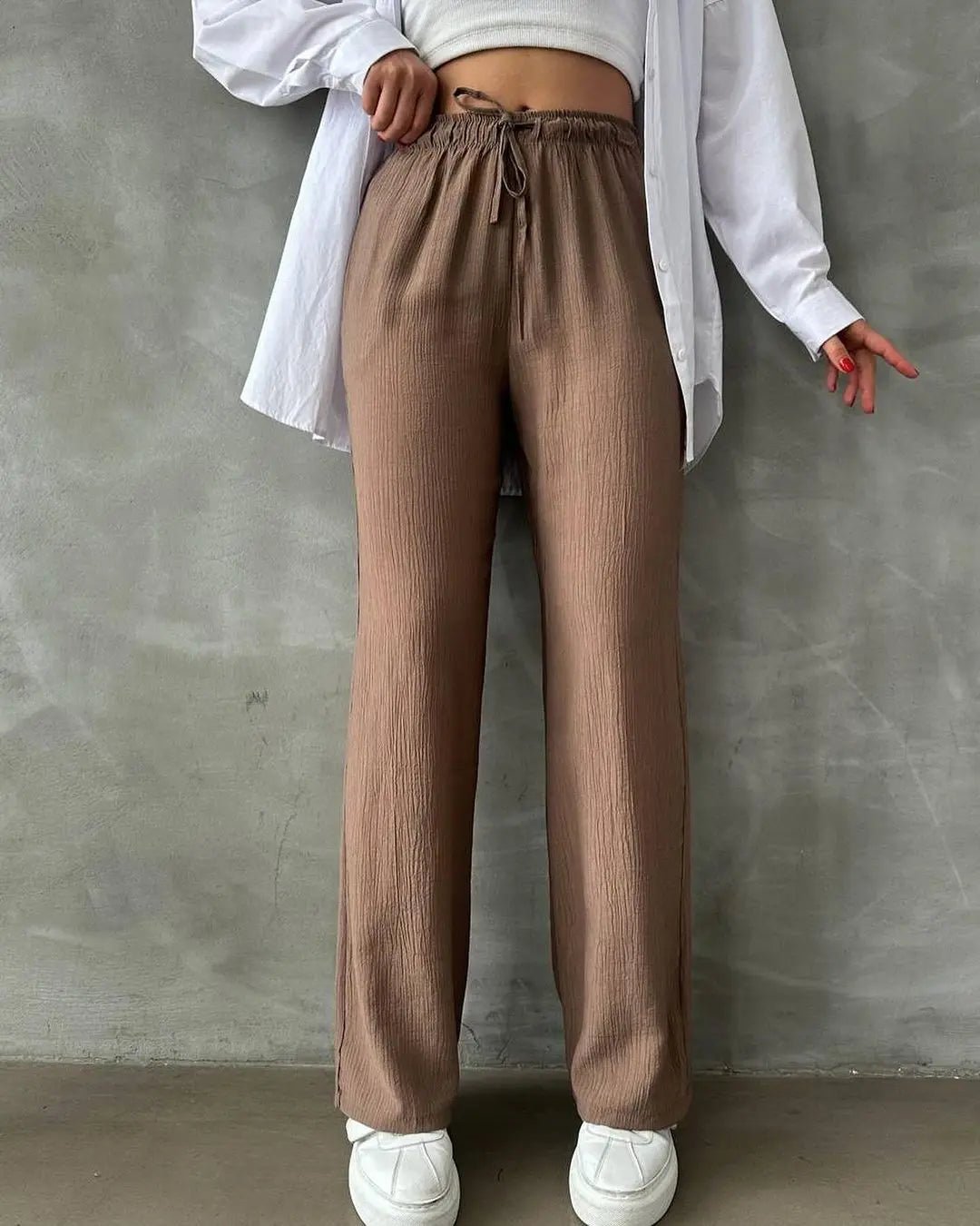 Kadın Beli Lastikli Bol Kesim Bürümcük Palazzo Pantolon Kahve - CRESSİVA