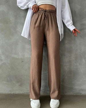 Kadın Beli Lastikli Bol Kesim Bürümcük Palazzo Pantolon Kahve - CRESSİVA