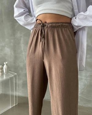Kadın Beli Lastikli Bol Kesim Bürümcük Palazzo Pantolon Kahve - CRESSİVA