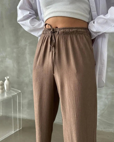 Kadın Beli Lastikli Bol Kesim Bürümcük Palazzo Pantolon Kahve - CRESSİVA