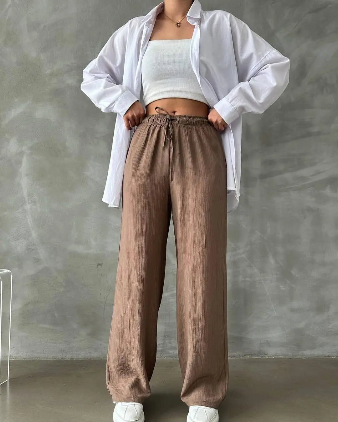 Kadın Beli Lastikli Bol Kesim Bürümcük Palazzo Pantolon Kahve - CRESSİVA