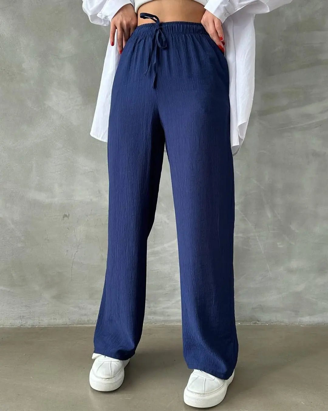 Kadın Beli Lastikli Bol Kesim Bürümcük Palazzo Pantolon Lacivert - CRESSİVA