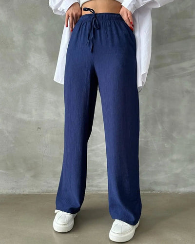 Kadın Beli Lastikli Bol Kesim Bürümcük Palazzo Pantolon Lacivert - CRESSİVA
