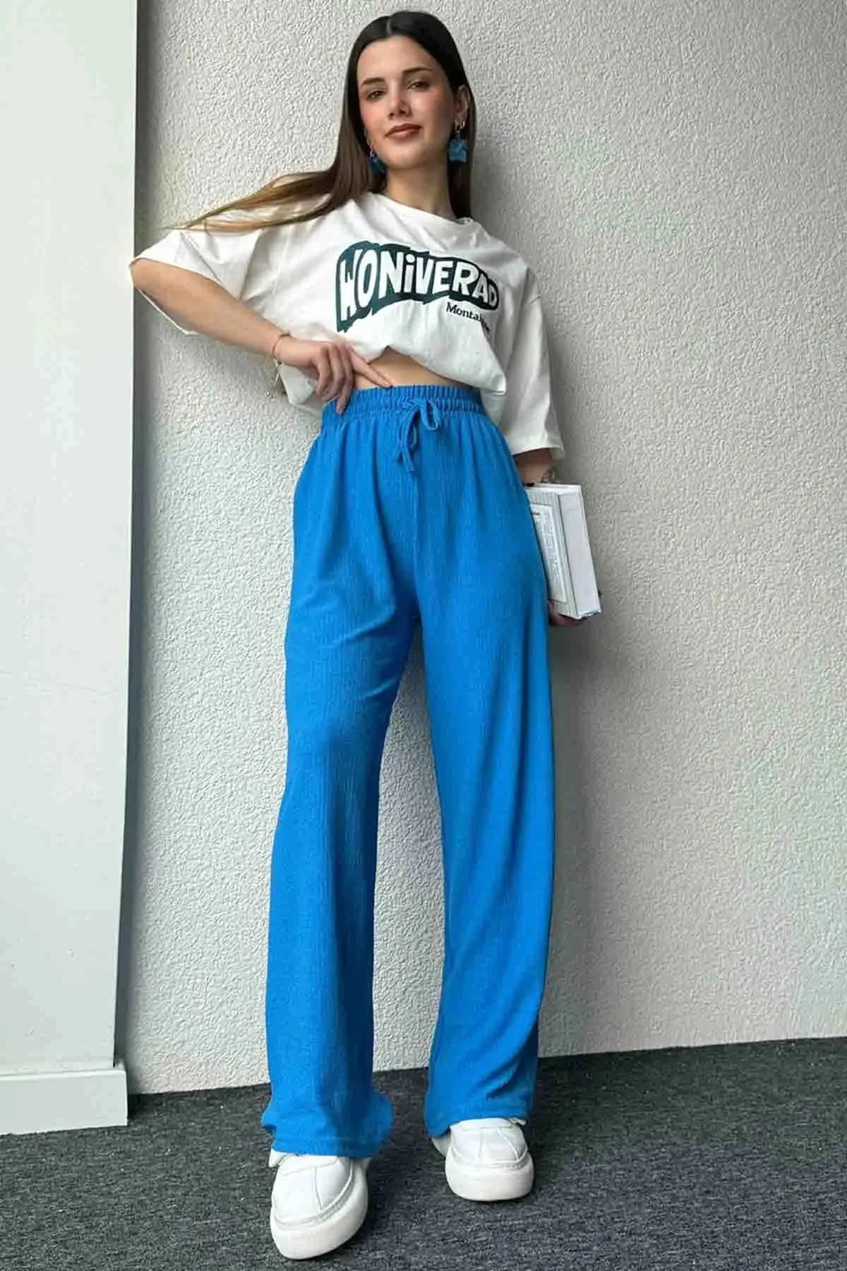 Kadın Beli Lastikli Bol Kesim Bürümcük Palazzo Pantolon Mavi - CRESSİVA