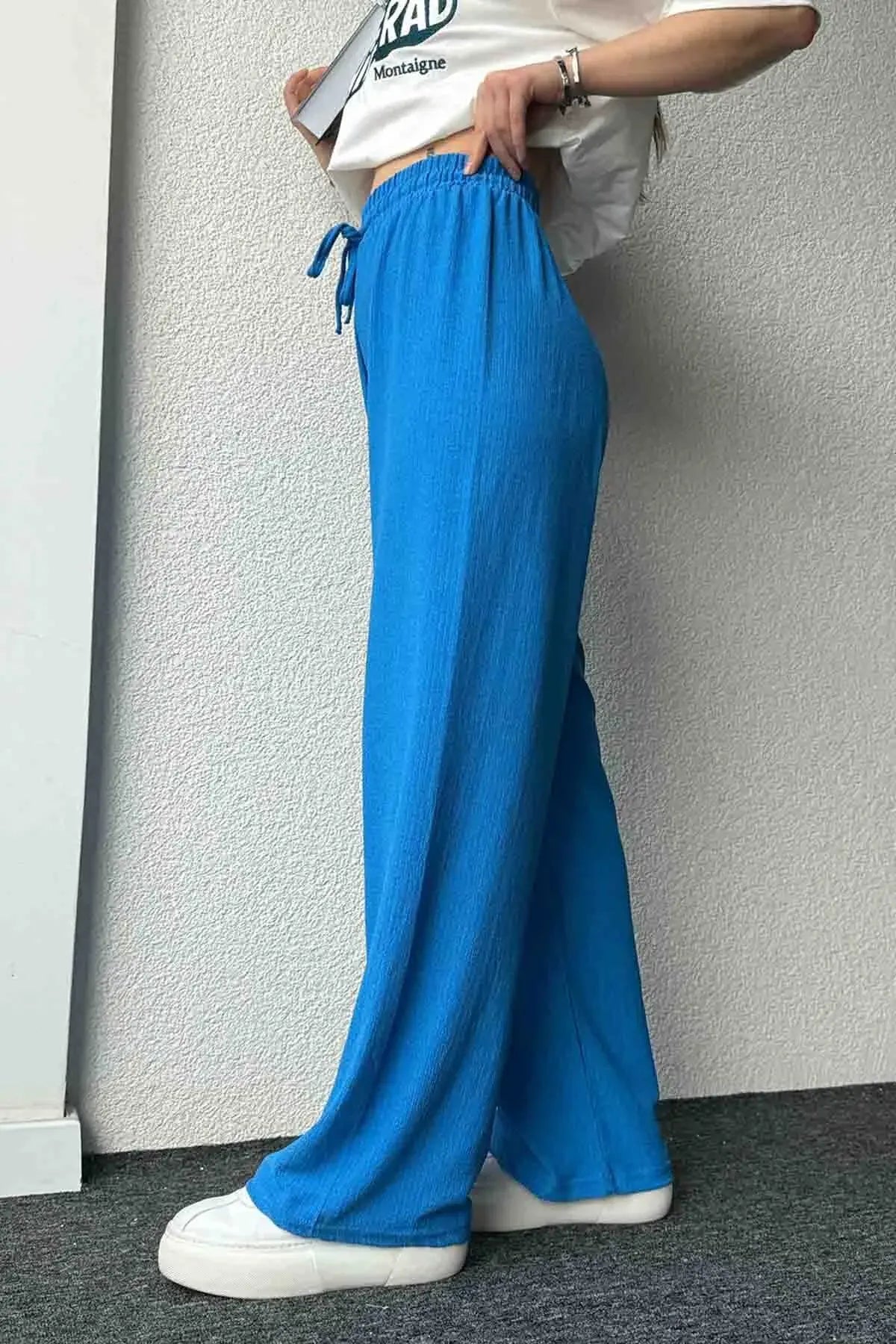 Kadın Beli Lastikli Bol Kesim Bürümcük Palazzo Pantolon Mavi - CRESSİVA