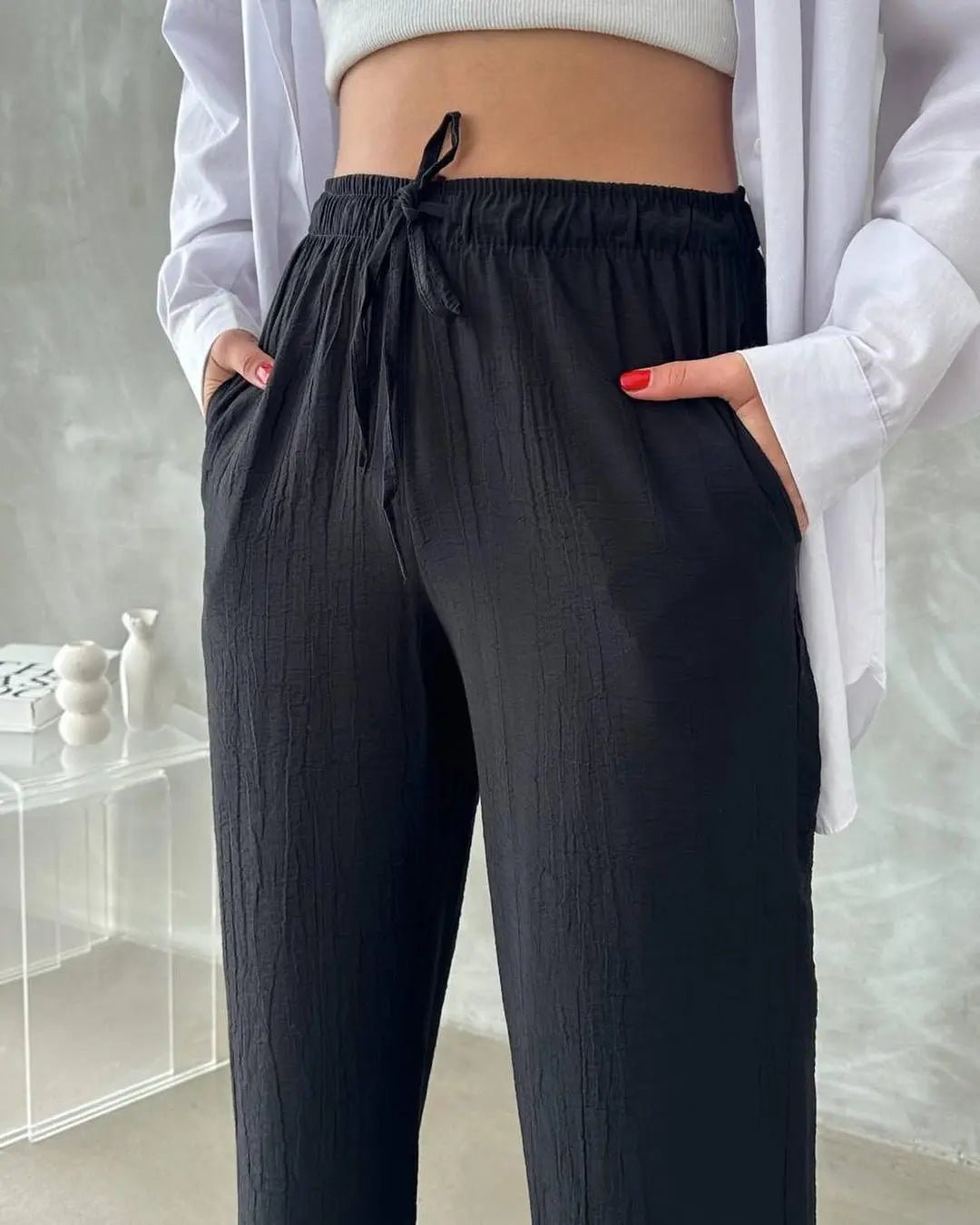 Kadın Beli Lastikli Bol Kesim Bürümcük Palazzo Pantolon Siyah - CRESSİVA
