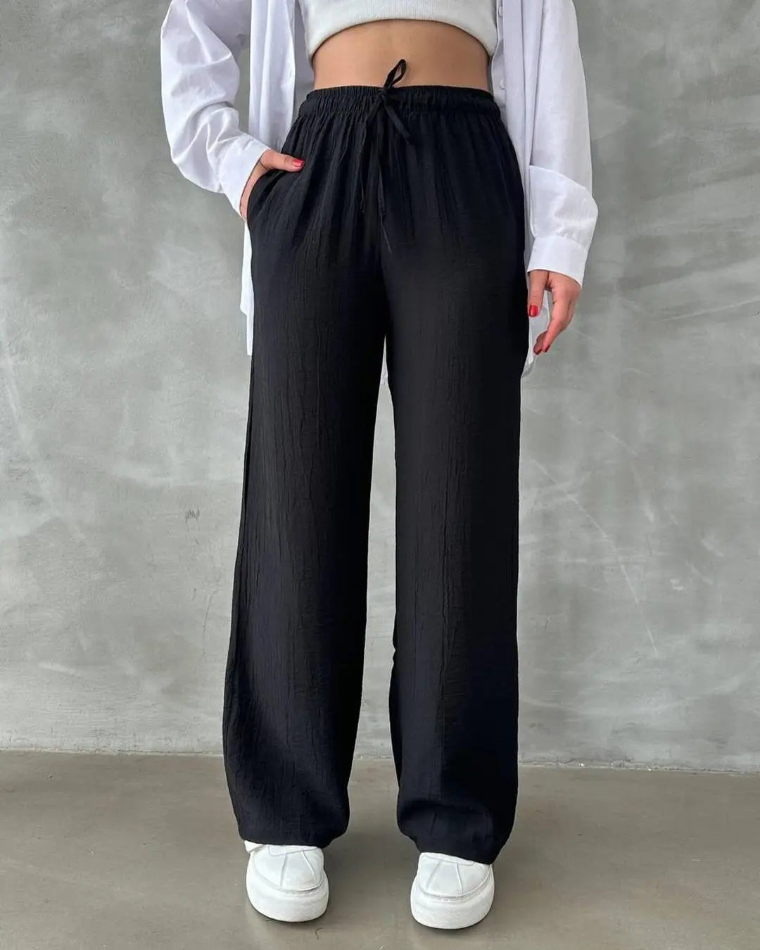Kadın Beli Lastikli Bol Kesim Bürümcük Palazzo Pantolon Siyah - CRESSİVA