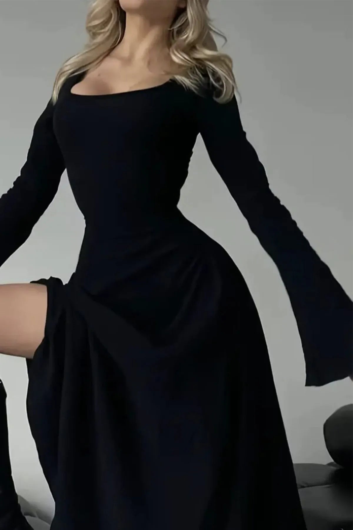 KARE YAKA İSPANYOL KOL UZUN ELBİSE SİYAH - CRESSİVA