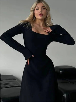 KARE YAKA İSPANYOL KOL UZUN ELBİSE SİYAH - CRESSİVA