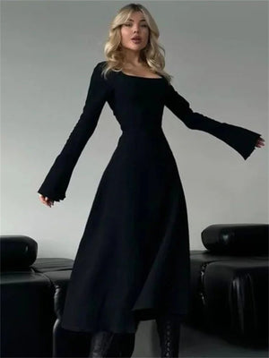 KARE YAKA İSPANYOL KOL UZUN ELBİSE SİYAH - CRESSİVA