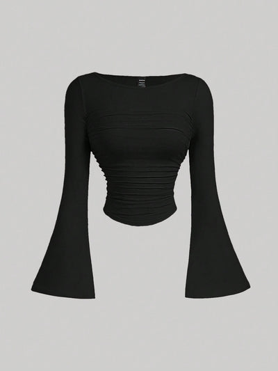 KAYIK YAKA İSPANYOL KOL BÜZGÜLÜ BLUZ SİYAH - CRESSİVA