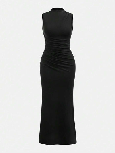 KOLSZ BALIKÇI YAKA BÜZGÜLÜ ELBİSE SİYAH - CRESSİVA