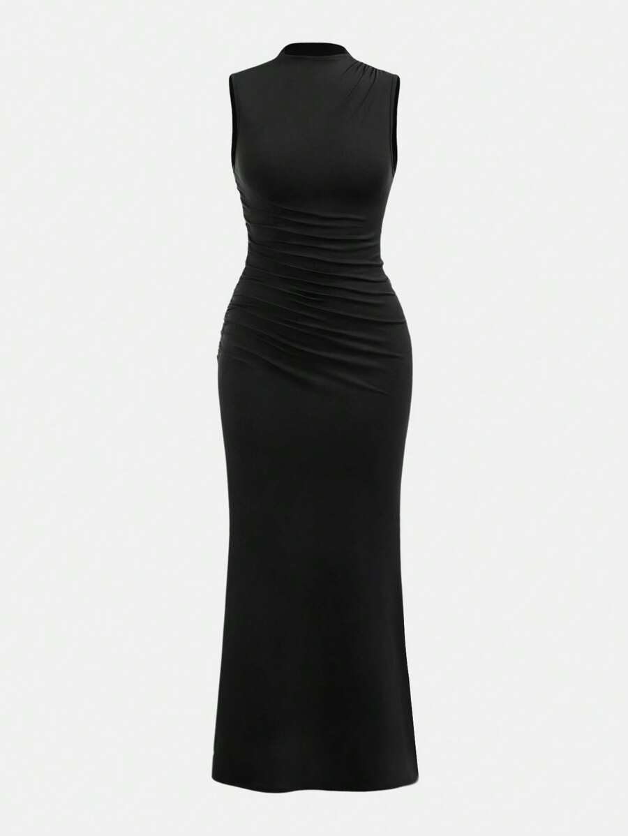 KOLSZ BALIKÇI YAKA BÜZGÜLÜ ELBİSE SİYAH - CRESSİVA