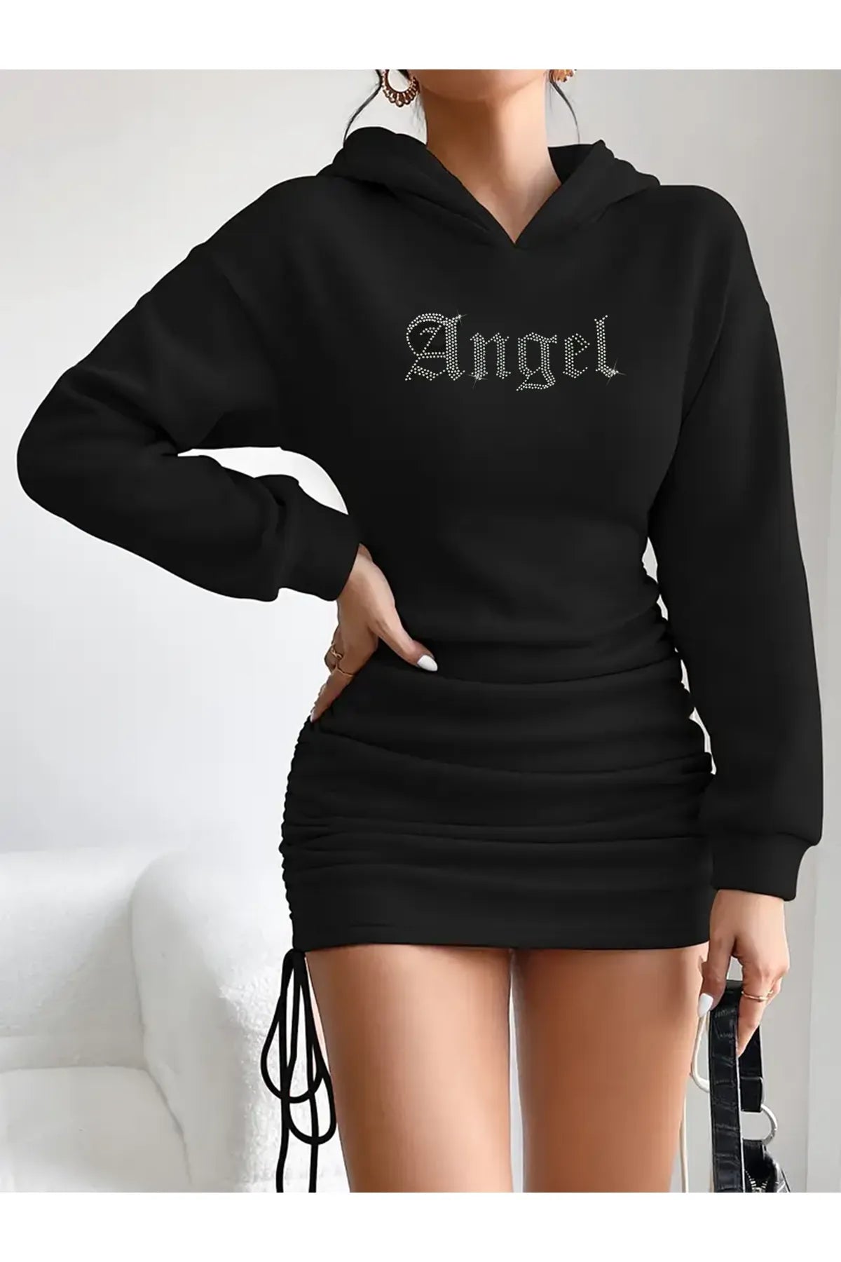 TAŞ BASKI KAPÜŞONLU BÜZGÜLÜ ELBİSE - CRESSİVA