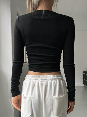 TAŞ BASKI UZUN KOL CROP BLUZ - CRESSİVA